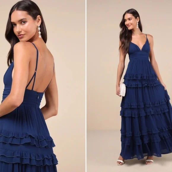 LULU's Sexy FLowy Elegant Prom Wedding Boho Romantic Tiered Ruffles Maxi Dress - Picture 3 of 4